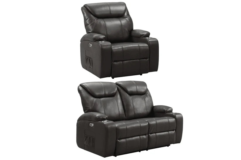 Screenplay Black Electric 2+1 Seater Leather Recliner Sofa Set With Two Cup Holders