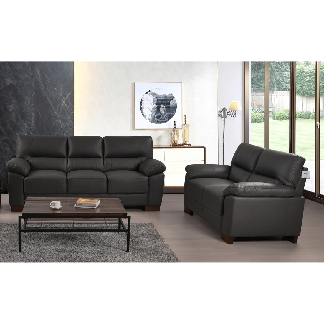 Pavilion Genuine Leather Black 3+2 Seater Sofa Set