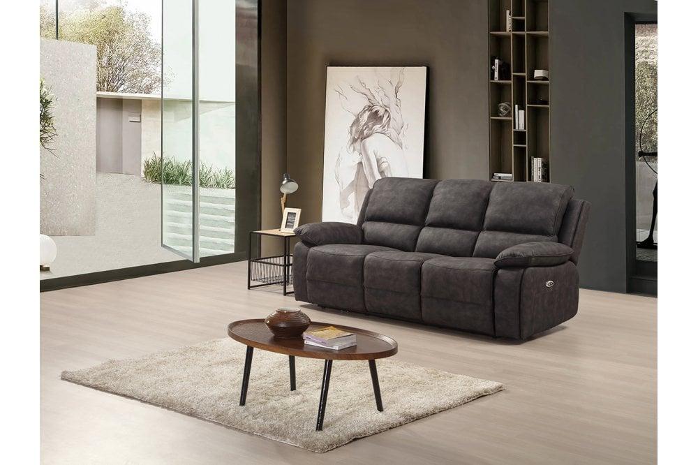 Elm Grey Suede Fabric Electric Recliner 3 Seater Sofa