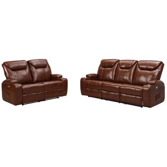 Screenplay Tan Electric Leather 3+2 Recliner Sofa Set With Two Cup Holders Bundle