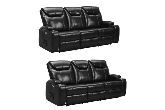 Screenplay Black Electric Leather 3+3 Recliner Sofa set With Two Cup Holders