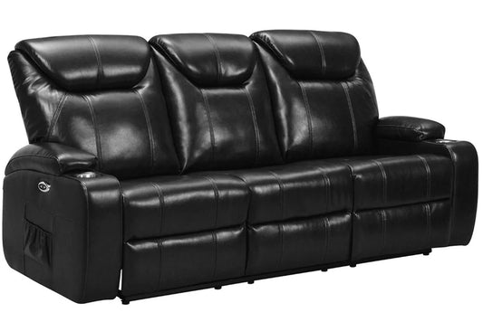 Screenplay Black Electric Leather 3 Seater Recliner Sofa With Two Cup Holders