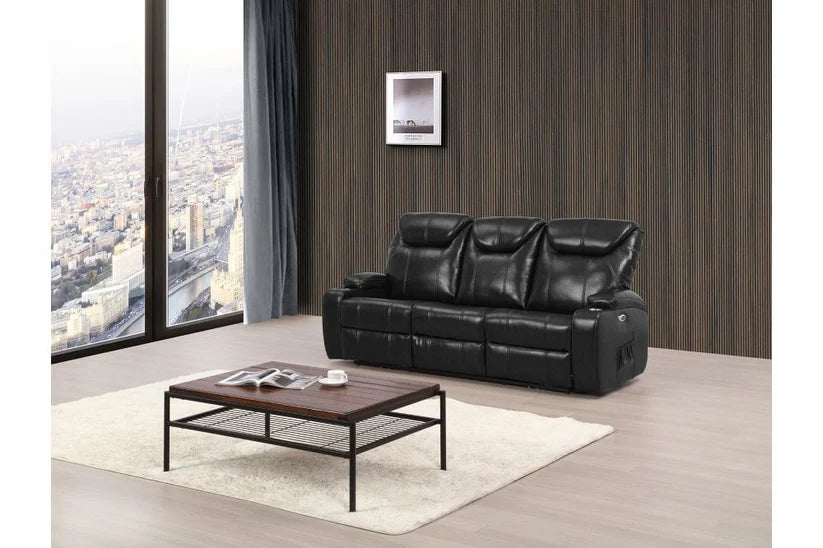 Screenplay Black Electric 2+1 Seater Leather Recliner Sofa Set With Two Cup Holders