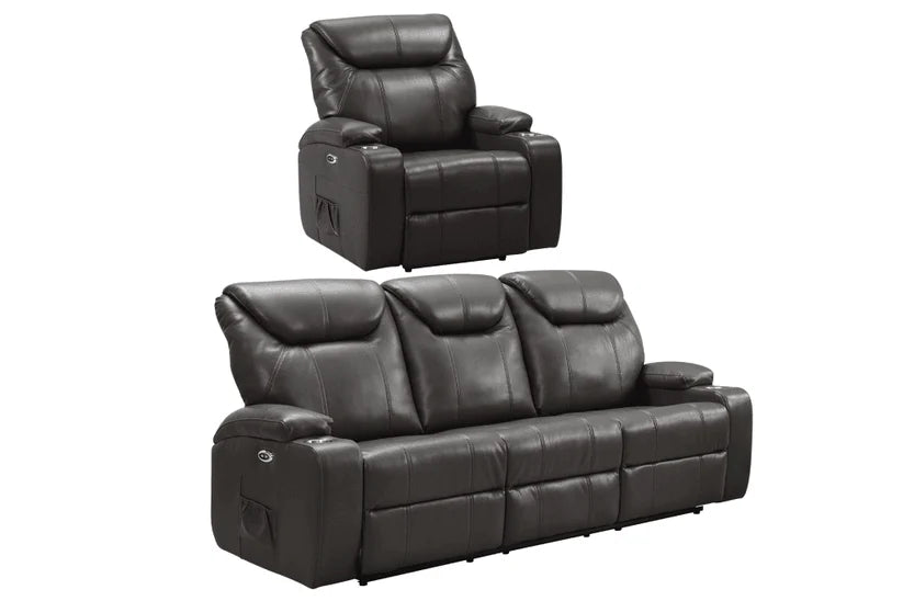 Screenplay Grey Electric Leather 3+1 Recliner Sofa set With Two Cup Holders