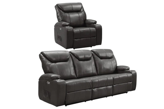 Screenplay Grey Electric Leather 3+1 Recliner Sofa set With Two Cup Holders