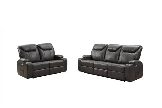 Screenplay Grey Electric Leather 3+2 Recliner Sofa Set With Two Cup Holders Bundle