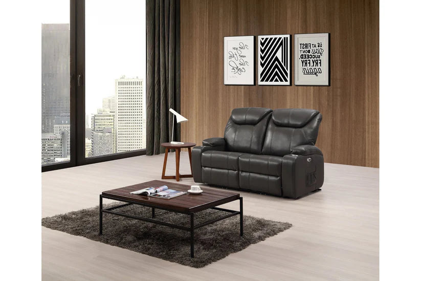 Screenplay Grey Electric 2 Seater Leather Recliner Sofa With Two Cup Holders