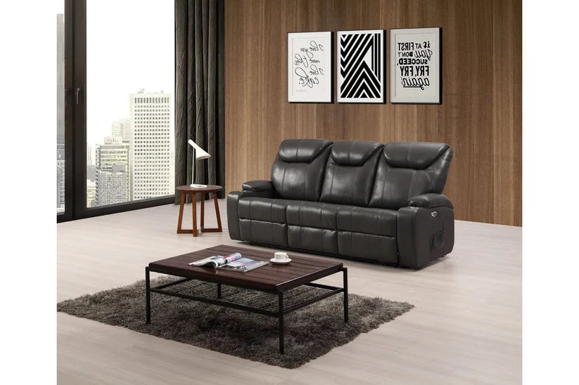 Screenplay Grey Electric Leather 3 Seater Recliner Sofa With Two Cup Holders