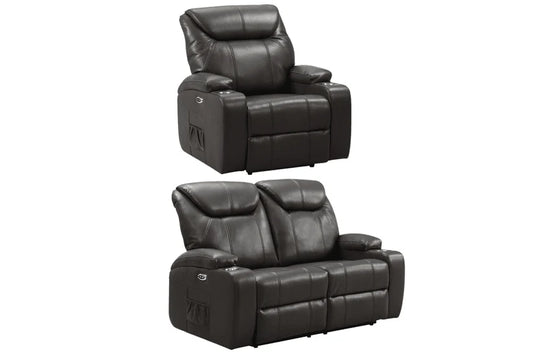 Screenplay Grey Electric 2+1 Seater Leather Recliner Sofa Set With Two Cup Holders