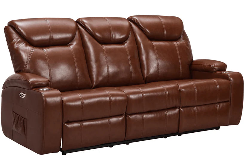 Screenplay Tan Electric Leather 3 Seater Recliner Sofa With Two Cup Holders