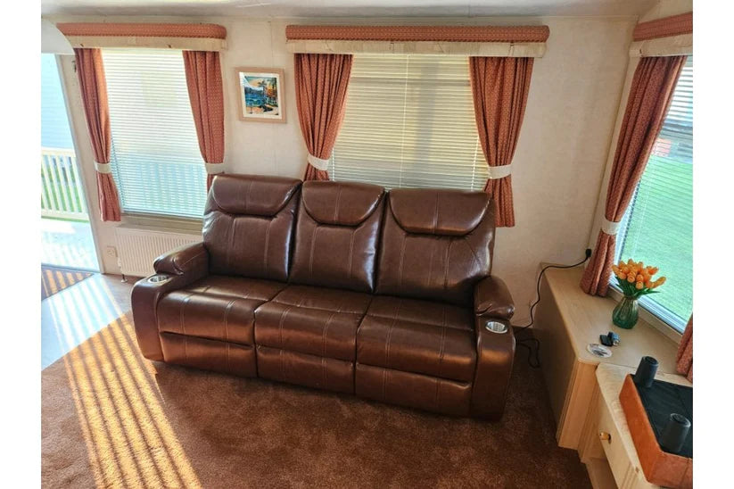 Screenplay Tan Electric Leather 3 Seater Recliner Sofa With Two Cup Holders