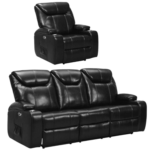 Screenplay Black Electric Leather 3+1 Recliner Sofa set With Two Cup Holders
