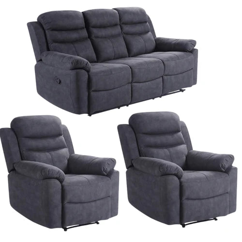 Gilford Grey Fabric Manual Recliner 3+1+1 Seater Sofa Set