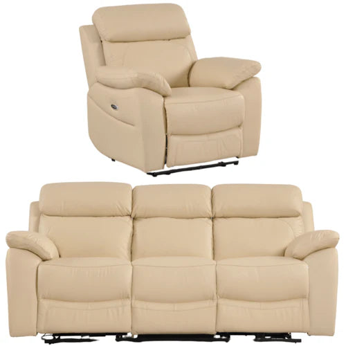Newsome Genuine Leather Cream Electric Power Recliner 3+1 Seater Sofa Set