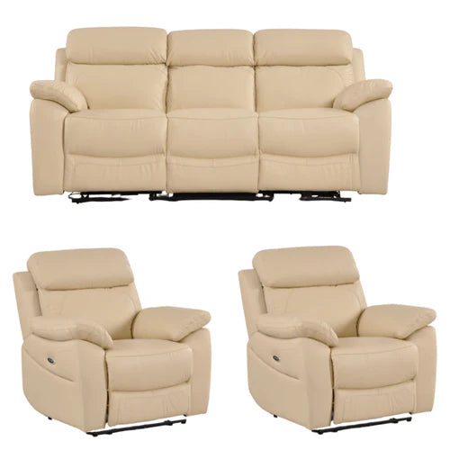 Newsome Genuine Leather Cream Electric Power Recliner 3+1+1 Seater Sofa Set