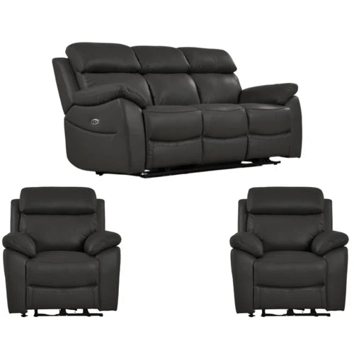 Newsome Genuine Leather Grey Electric Power Recliner 3+1+1 Seater Sofa Set