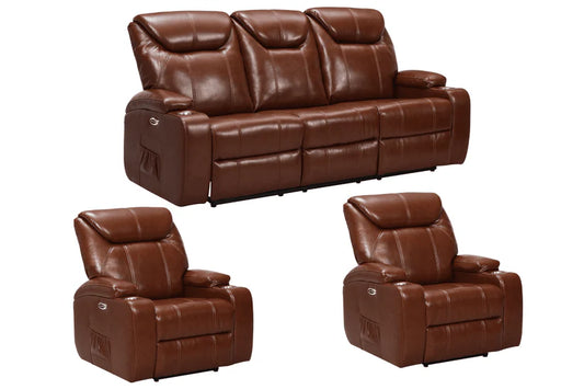 Screenplay Tan Electric Leather 3+1+1 Recliner Sofa set With Two Cup Holders