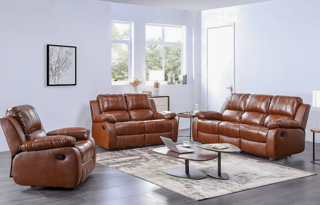 Seville Tan Leather Manual Recliner 3+2+1 Seater Sofa Set