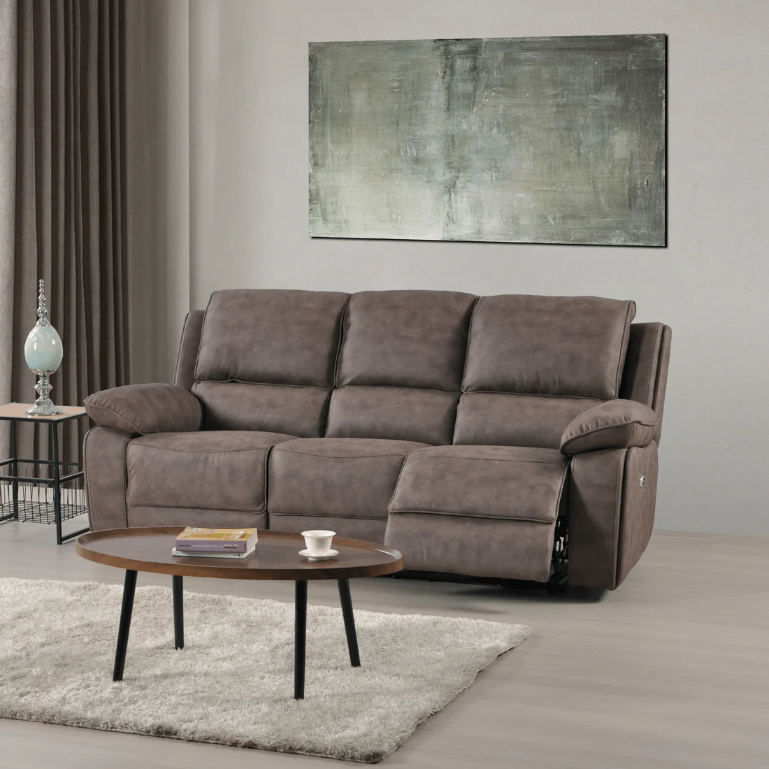 Elm Brown Suede Fabric Electric Recliner 3+1 Seater Sofa