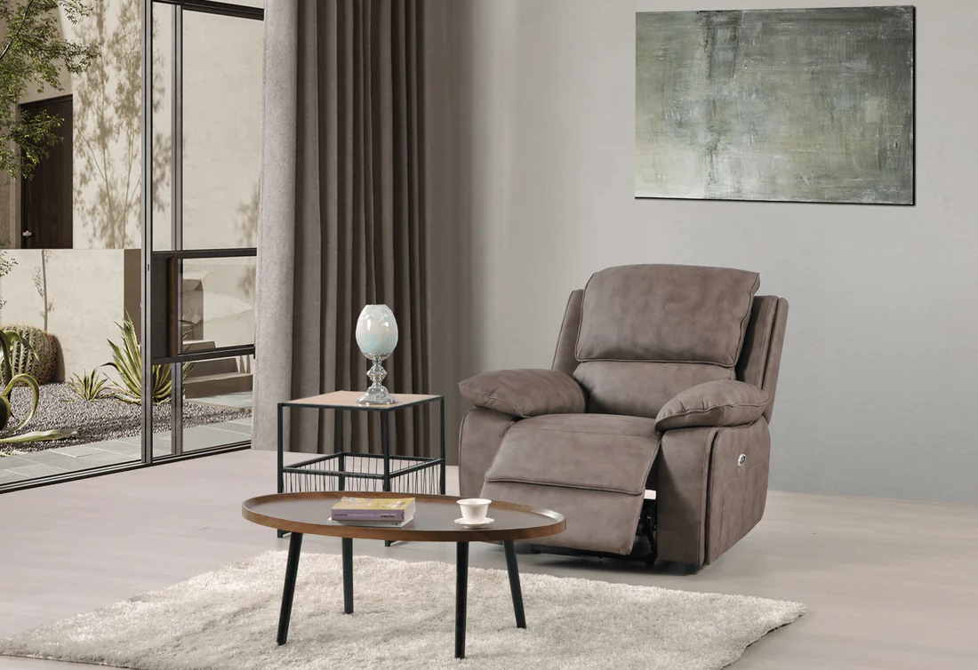 Elm Brown Suede Fabric Electric Recliner 3+1 Seater Sofa