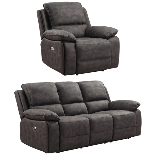 Elm Grey Suede Fabric Electric Recliner 3+1 Seater Sofa