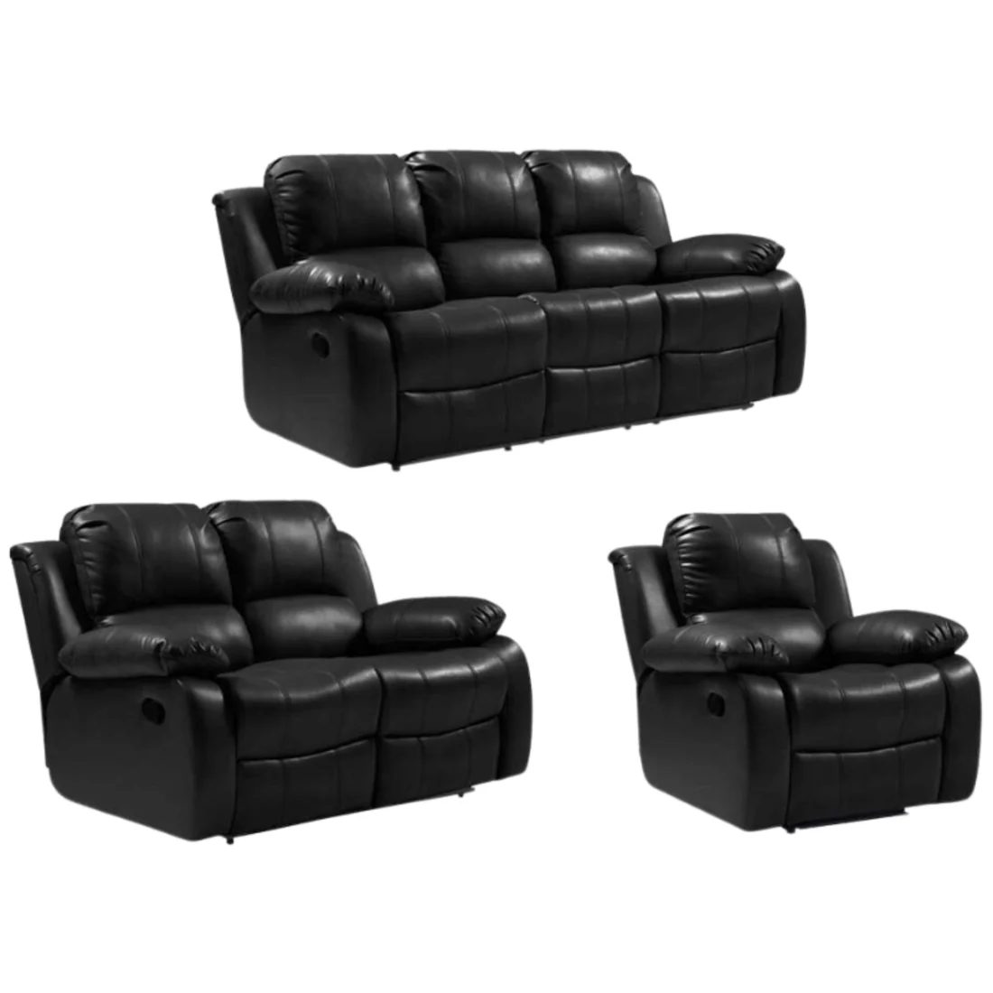 Seville Black Leather Manual Recliner 3+2+1 Seater Sofa Set
