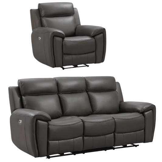 Nevara Genuine Leather Grey Electric Power Recliner 3+1 Seater Sofa Set