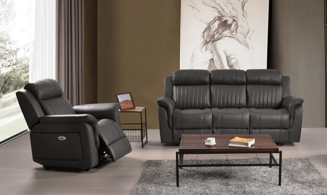 Bravado Genuine Leather Grey Electric Power Recliner 3+1 Seater