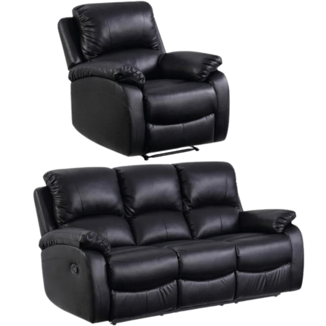 Pittsburgh Black Leather Manual Recliner 3+1 Seater Sofa Set