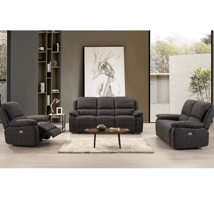 Elm Grey Suede Fabric Electric Recliner 3+2+1 Seater Sofa Set